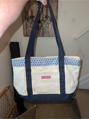 Vineyard Vines Cream Canvas Tote with Navy Trim and Pink Logo